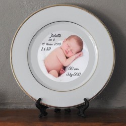 Assiette personnalisée naissance en porcelaine blanche